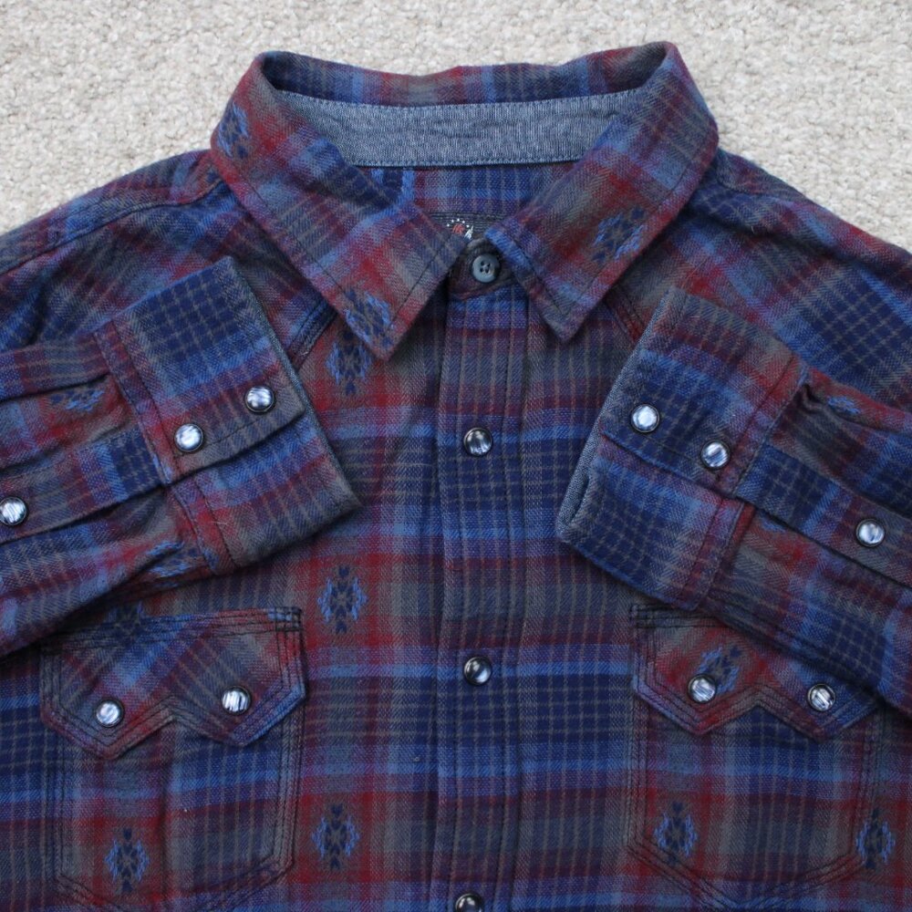 Moonshine by Brad Paisley Shirt Mens Medium Blue/Red Plaid Pearl Snap Cotton L/S